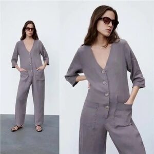 Zara Jumpsuit Women's Large Gray Linen Long Boilersuit Minimalist Lagenlook Grey